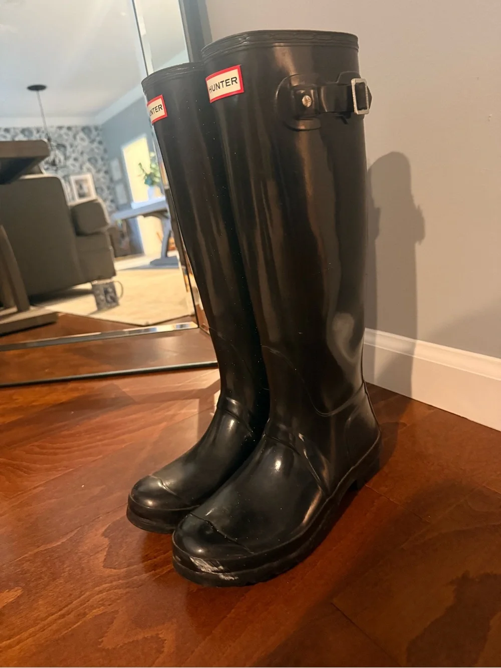 Hunter Black Gloss Tall Rain Boots with Red Logo Trim